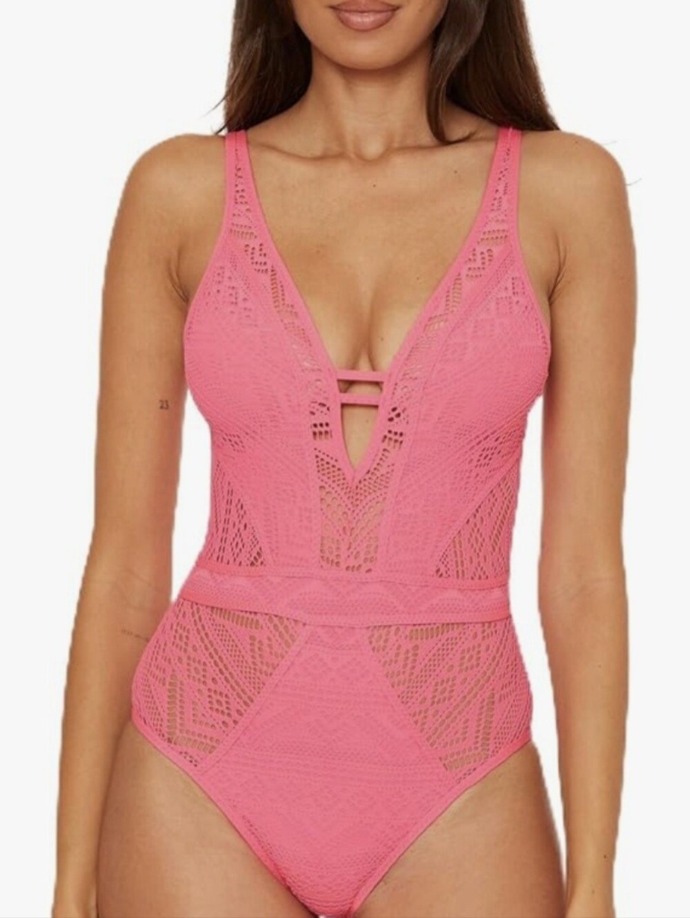 Women's Size small BECCA Classic Color Play Crochet Plunge One-Piece peach pink